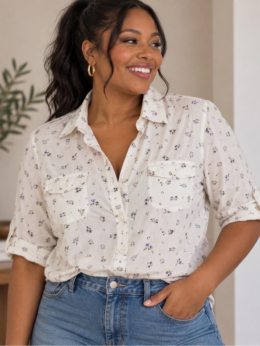 Allison Brittney Purple Floral Cotton Button-Up Shirt